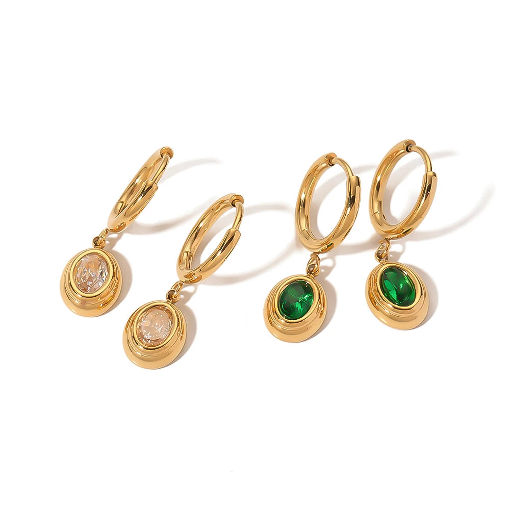 Stainless Steel 18K Gold PVD Plated Multicolor Oval CZ Zircon Pendant Dangle Hoop Earring for Women