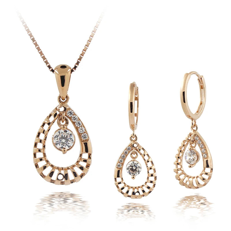 Fashion Jewelry Sets Solid Pure Gold 18K Necklaces With Pendant Large Drop Earrings Studs with 5A CZ Stones