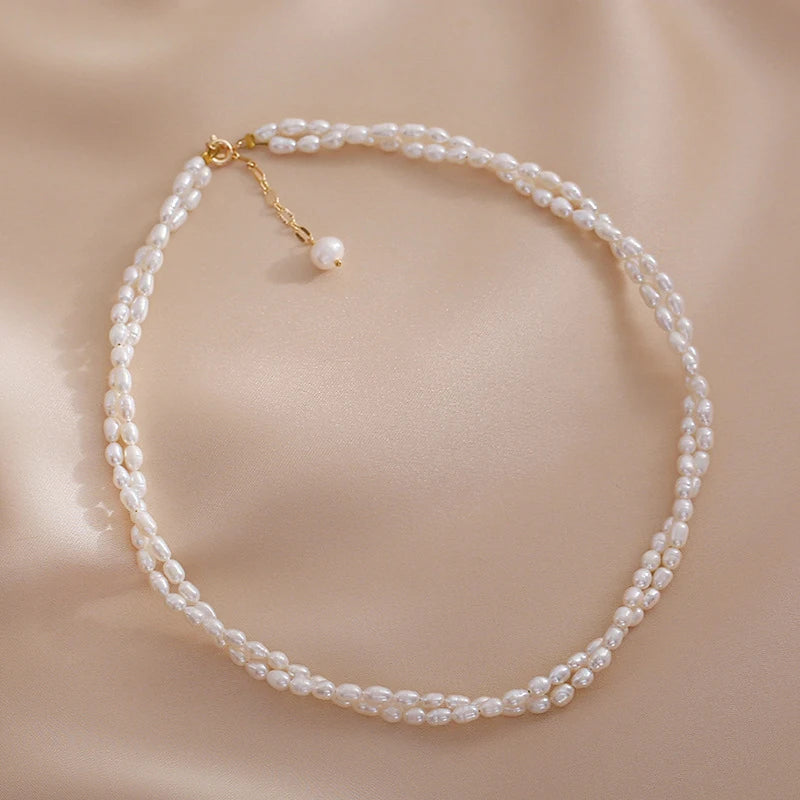 Dainty Irregular Natural Freshwater Pearl Choker Necklace Double Layer Pearl Beaded Necklace for Women