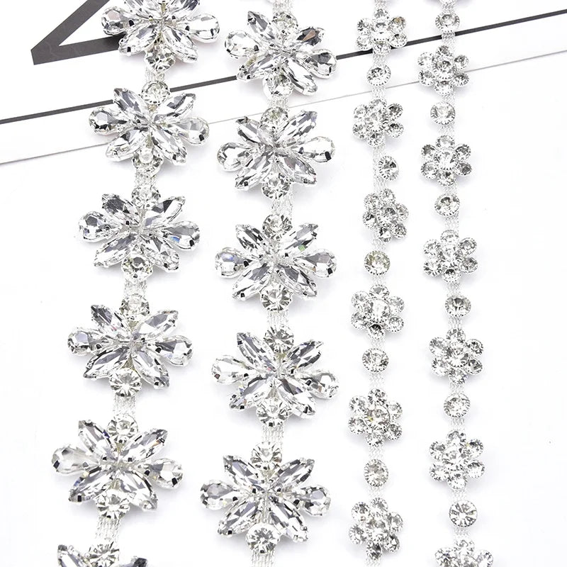 Glass Rhinestone Flower Shape Cup Chain Crystal Sew on Applique Trim Embellishment for Apparel Dress Shoes Wedding Decoration