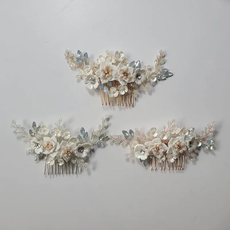 SLBRIDAL Handmade Crystal Rhinestone Pearls Ceramic Flower Bridal Hair Comb Wedding Hair Accessories Bridesmaids Women Jewelry