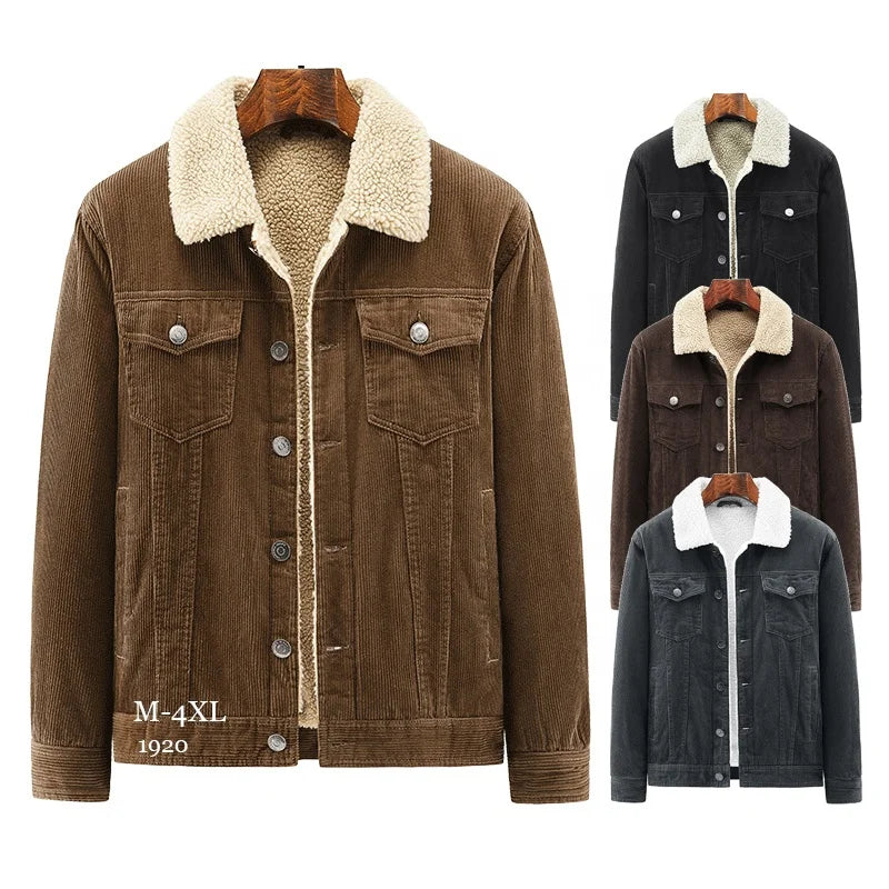 Men's Vintage Fleece Sherpa Lined Corduroy Denim Trucker Lapel Button Down Thickened Mens Corduroy Jacket