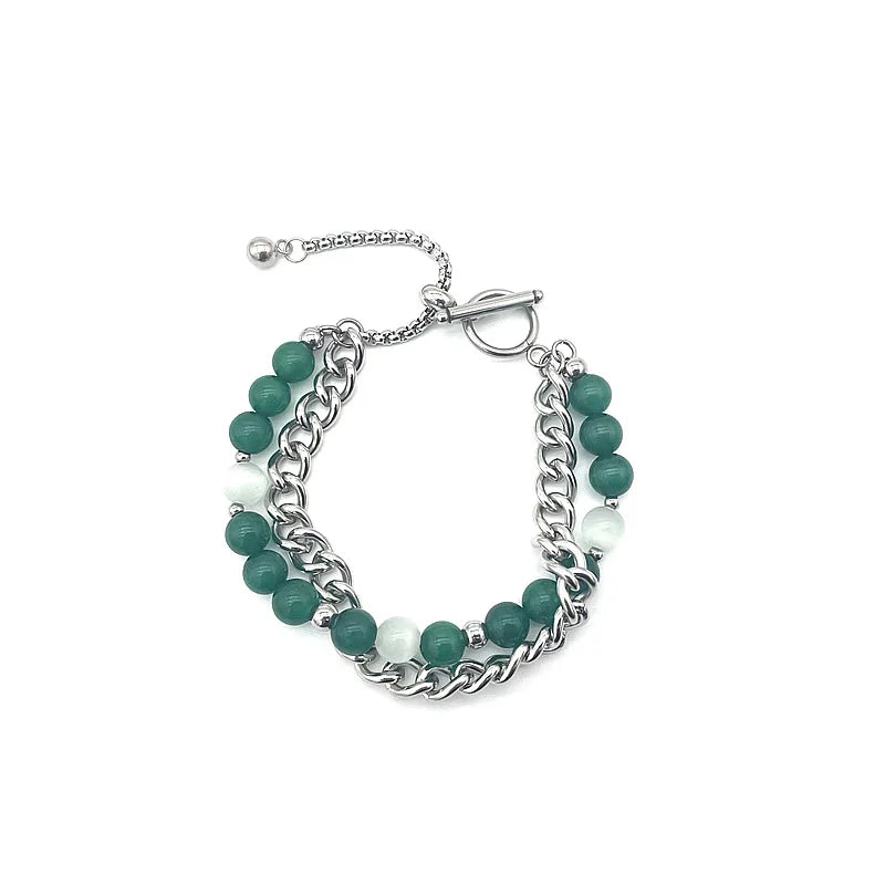 Green White Cat Eyes Natural Stone Stainless Steel Chain Bracelet Charm Women Men Gifts STB054