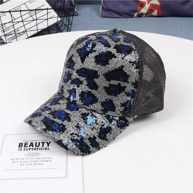 Wholesale Ladies Leopard Sequins Oxford Mesh Sporty Baseball Cap 5 Panel Casual Adjustable Hip Hop Hat