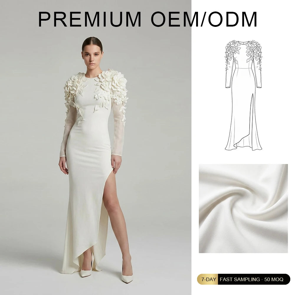 Brand Customization Solid Color 3D Flower Design Shoulder Niche Design Slim High Slit Irregular Long Dress for Women