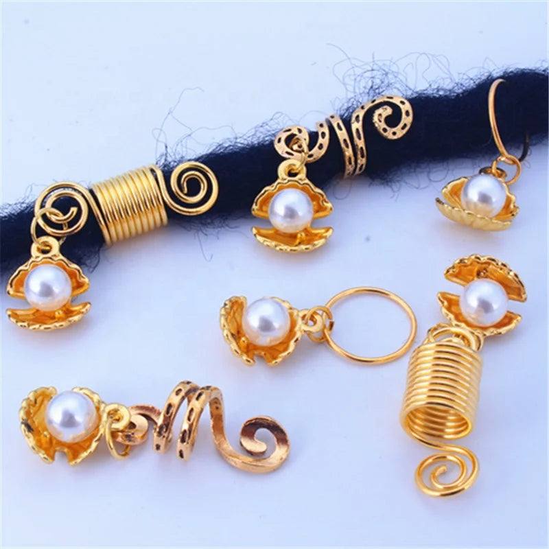 Wholesale Shell Shape With Pearl Hair Charms for Dreadlocks Cuffs Braid Hair Beads Rings Accessories Jewelry