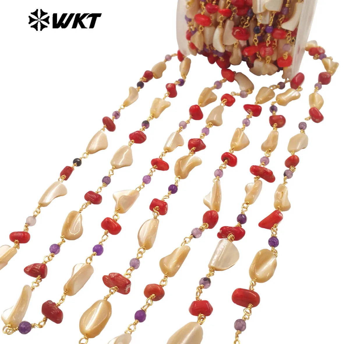 WT-RBC223 New Arrival Refined Multi-Color Shell Amethyst Red Coral Brass Gold Plated Chain for Women Sell by Meter Shell Chain