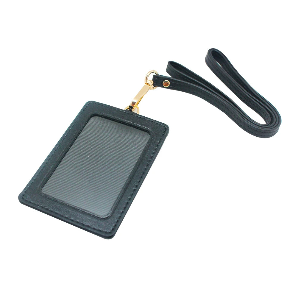 Leather ID Card Holder Wallet Case with 3 Cards Slot and Neck Lanyard/Strap Badge Holder for  Offices ID