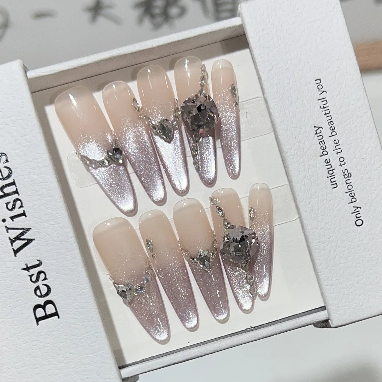 Handmade Luxurious French 3D Diamond Cat Eye Long Almond Stiletto ABS Square Coffin Reusable False Nails Fingers Design Press