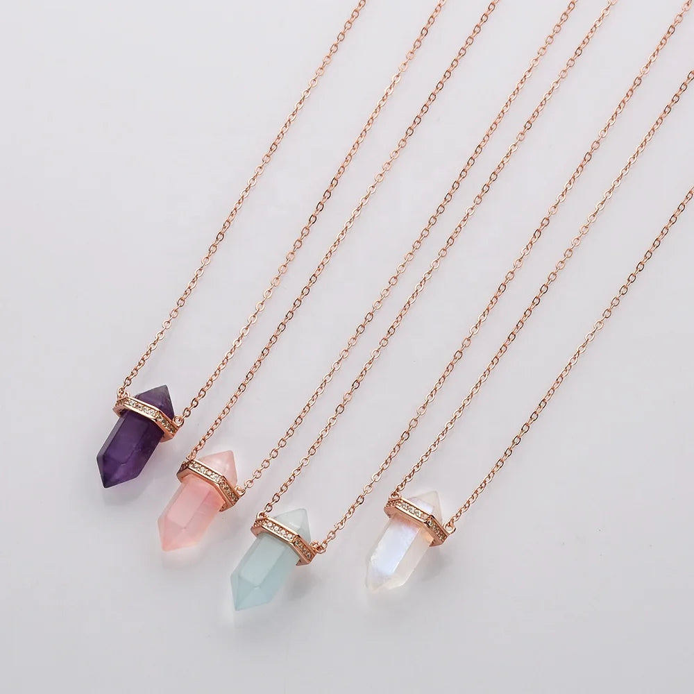 SS227 Dainty Rose Gold Plated Vermeil Aquamarine Amethyst Crystal Piont rainbow Moonstone Necklace