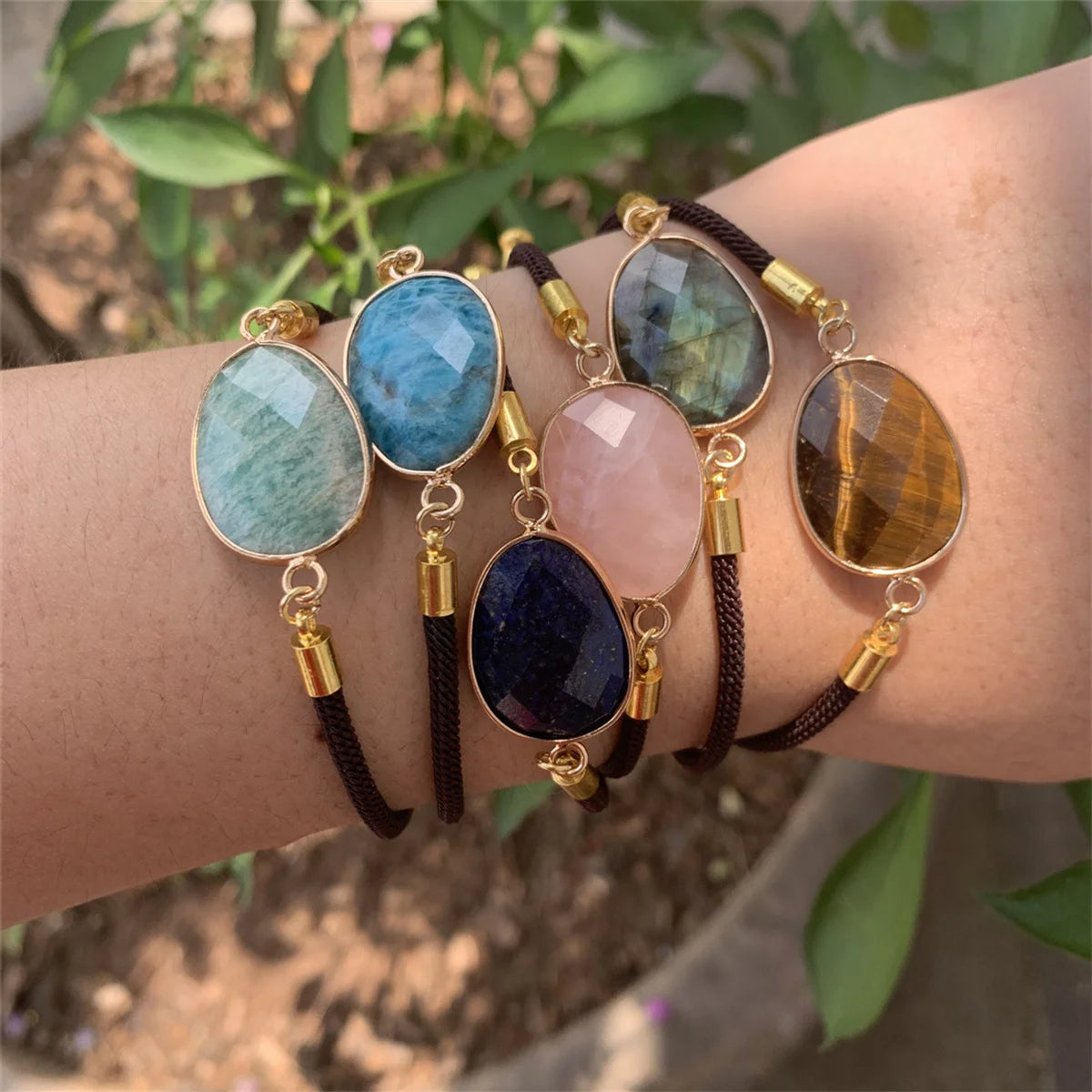 Summer Collection Double Side Faceted Natural Stone Oval Gold Charm Adjustable  Handmade Bracelet for Kids Girl Woman and Man