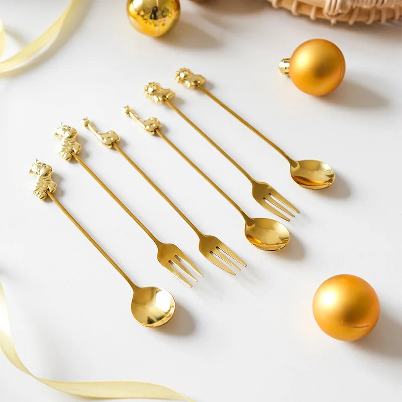 Animal 304# Stainless Steel Small Mini Mixing Stirring Gold Silver Spoon Fork Set Gift Box Eco-Friendly Cute for Coffee Tea