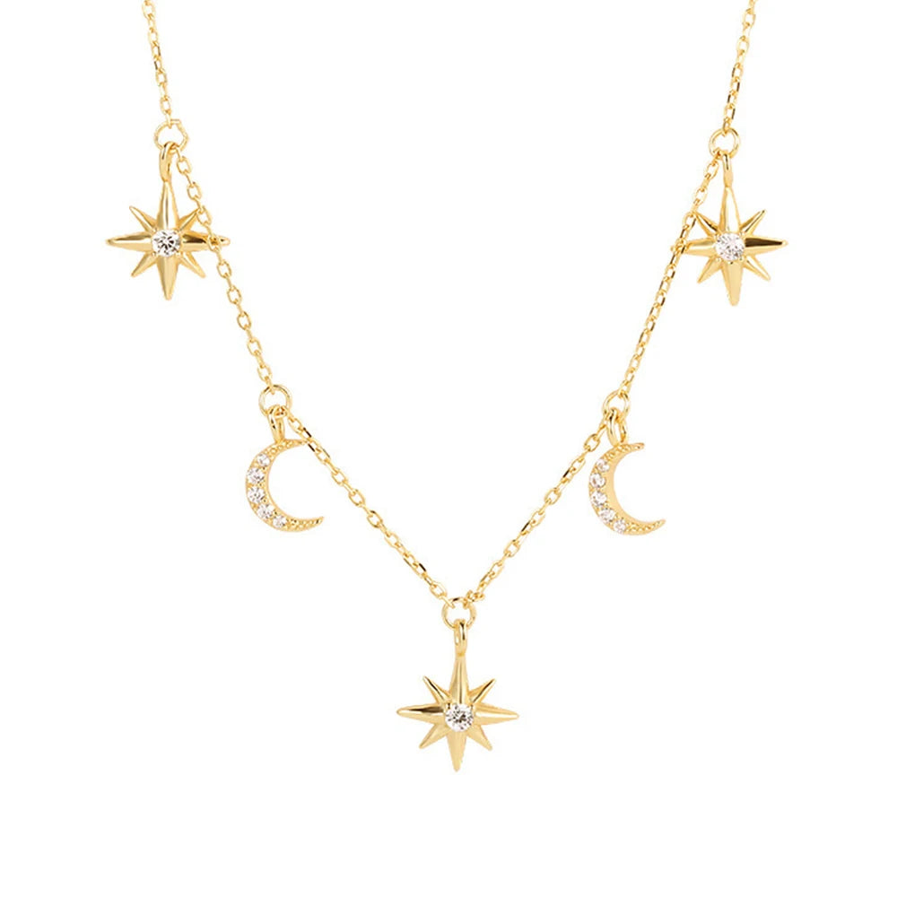Wholesale 925 Sterling Silver 18k Gold Plated Cz Cubic Zirconia Jewelry Star and Moon Charm Pendant Necklace for Women