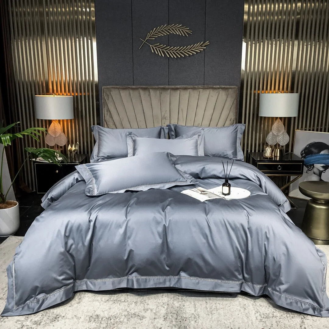High-quality Grey Silky Light Luxury Solid Color 100% Cotton Comforter Duvet Cover 4 Piece Bedding Set