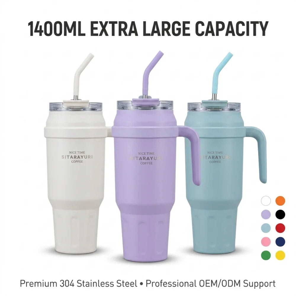 Kingze Eco-Friendly Double Wall Stainless Steel Travel Mug Car Insulated Cup 1400ml Coffee Tumbler with Lid and Straw