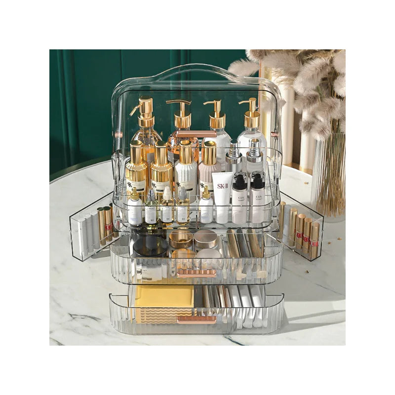 Hot Selling Plastic Cosmetics Storage and Storage Box Transparent White Transparent Green Belt Double Layer Drawer