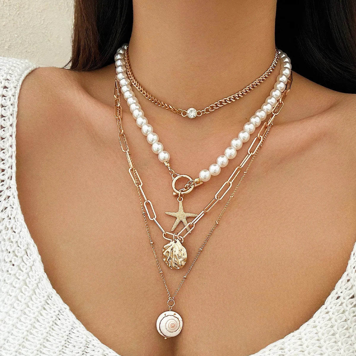 2025 Women's Fashion Multi-Layer Necklace Ocean Wind Shell Conch Tassel Soft Pottery Pieces Starfish Stacked Neckpiece