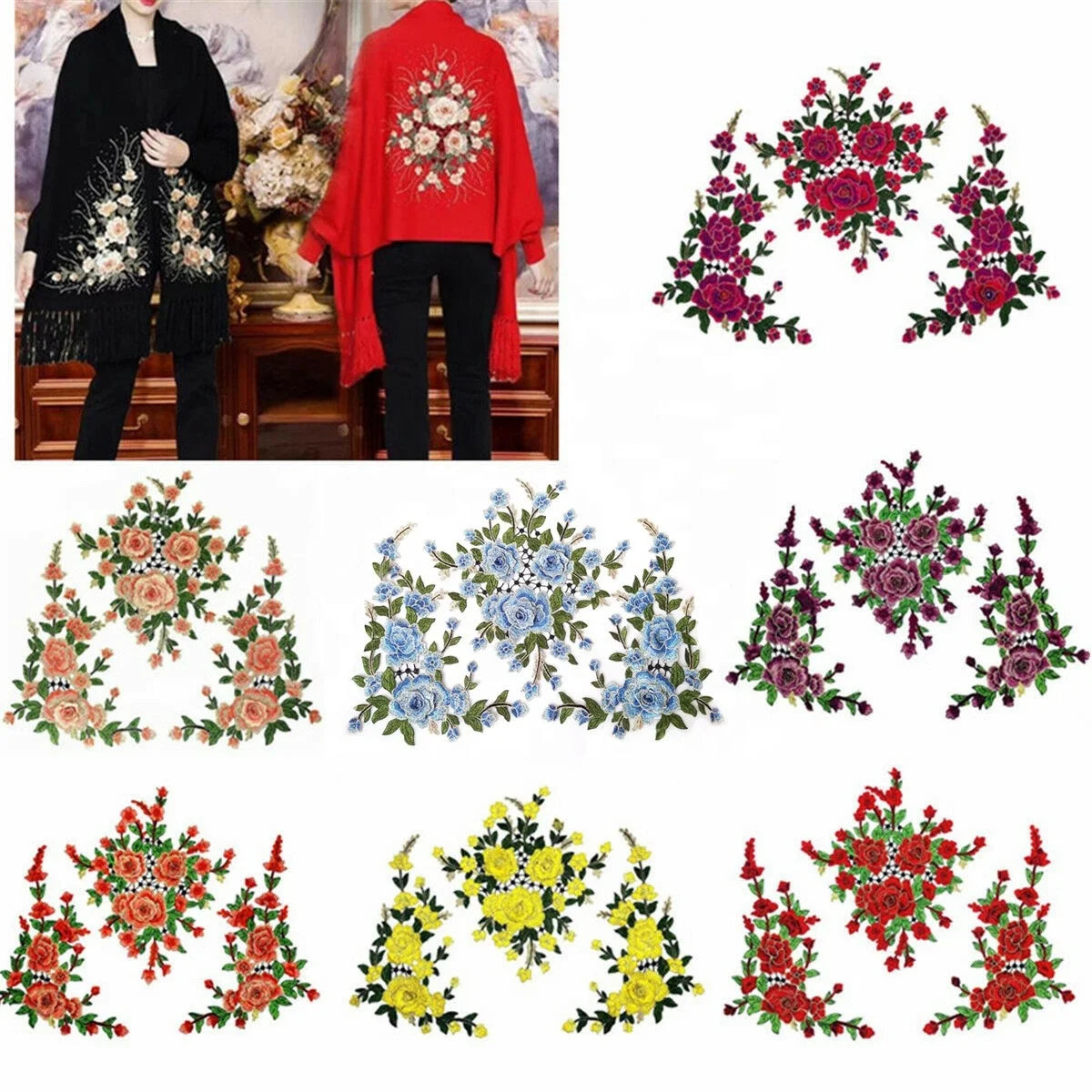 1 Set 3D Rose Flower Embroidery Lace Applique Patches Cord Scrapbooking Motif Dress DIY Sewing Accessory