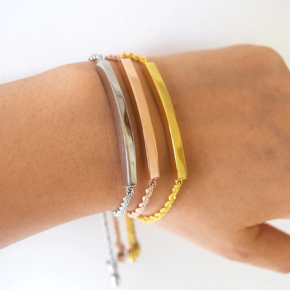 Stainless Steel 18k Gold Plated Blank Custom Engrave bar Bangle Bracelet Jewelry for Women Girls Sliding Slider Adjustable Clasp