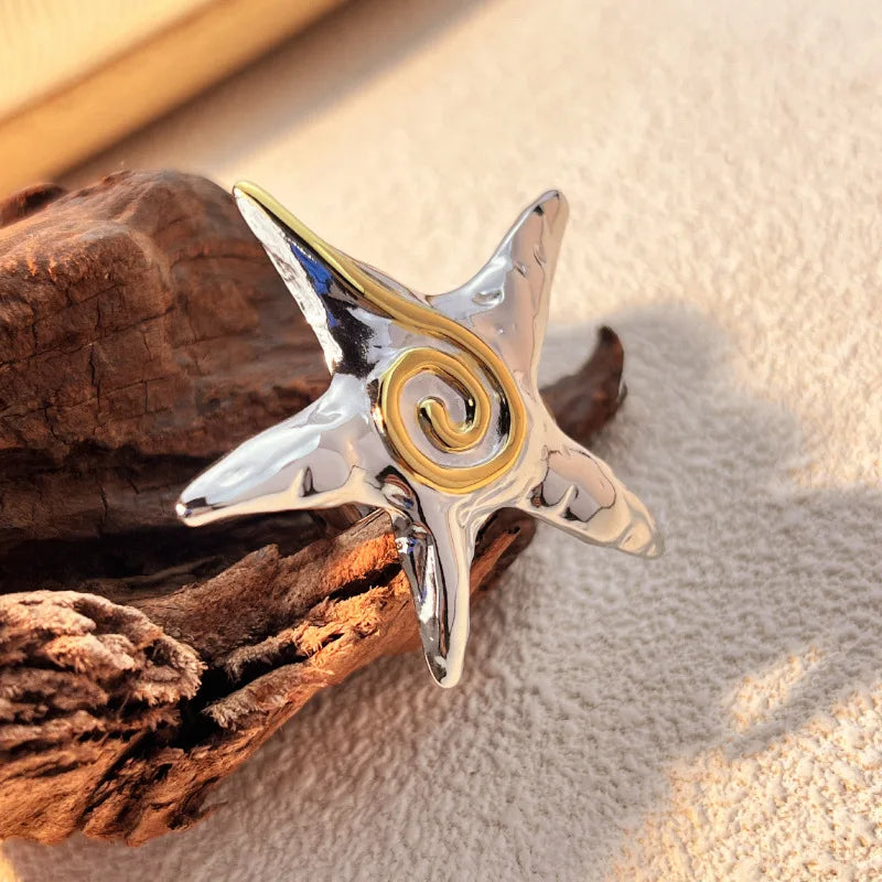 2025 Fashion Silver Ring Stainless Steel Original Whirlpool Pentacle Light Luxury Advanced Sense Contrast Personality Female