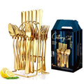 Best Selling Stainless Steel Knife Fork Spoon 24pcs Cutlery Gold Flatware Set with Stand Gift Box