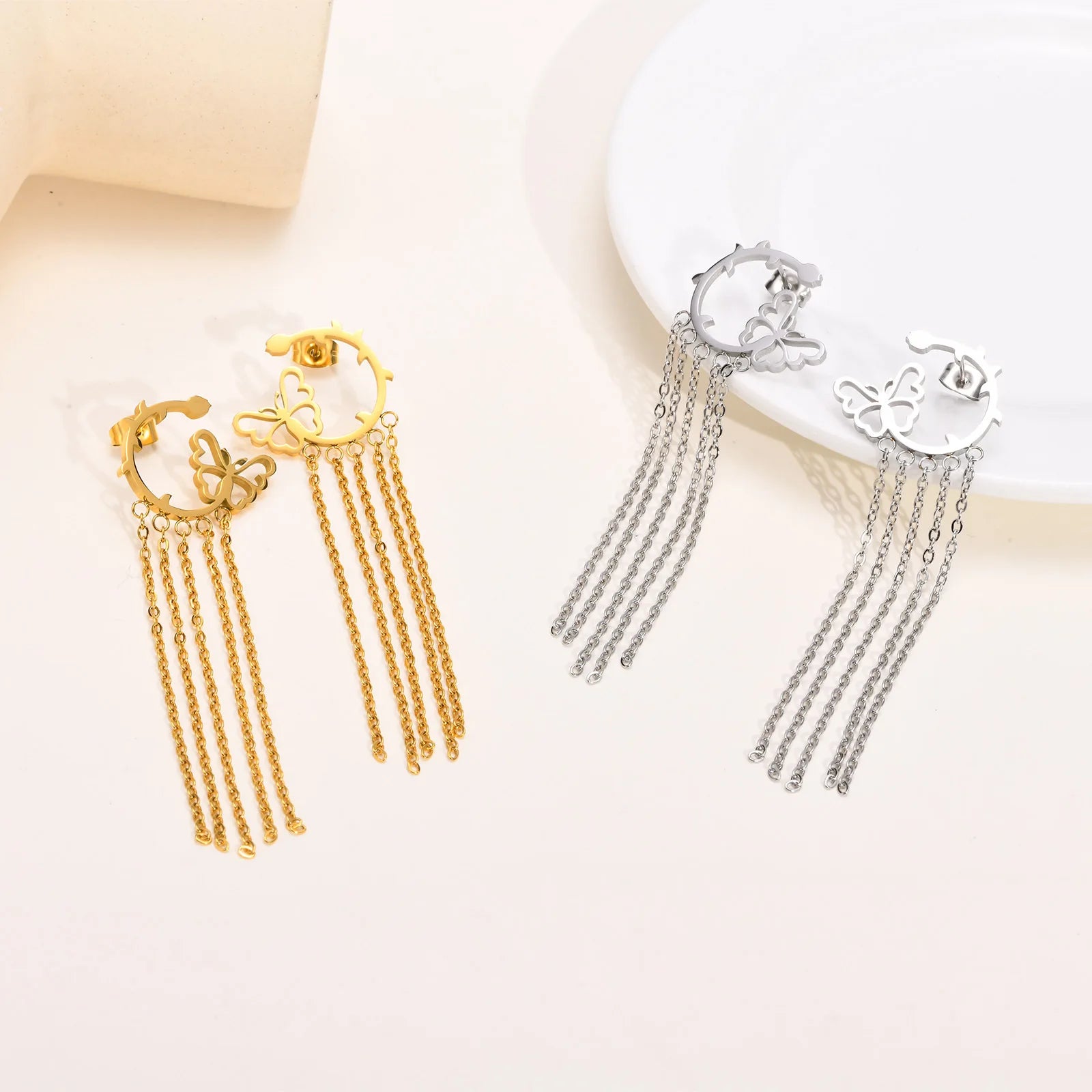 Fashion Personalized Butterfly Long Thread Tassel Drop Earrings Stainless Steel Exaggerated Earrings for Women