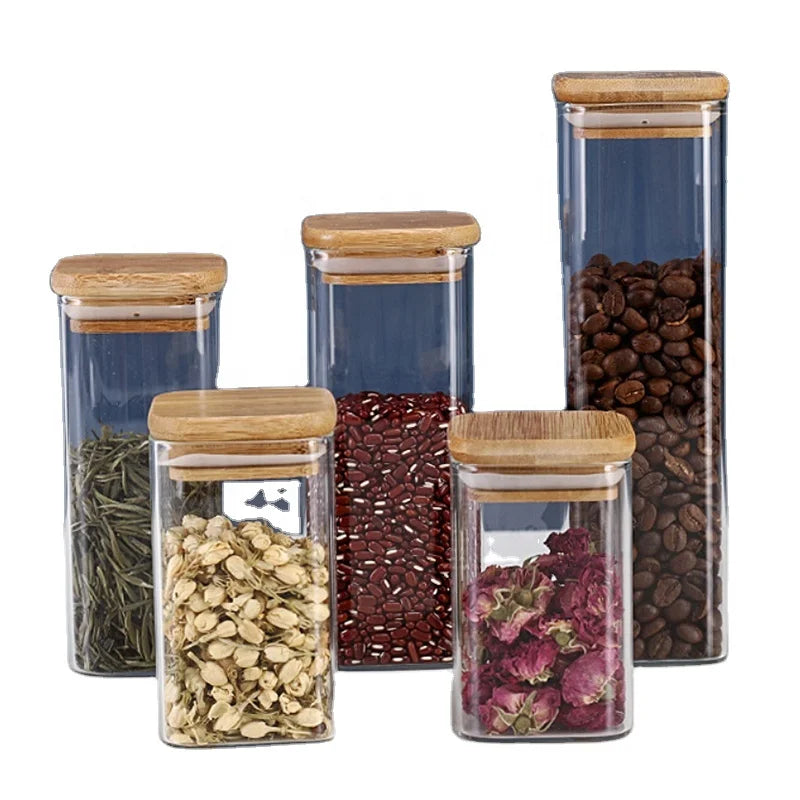 Customizable Borosilicate Glass Storage Jar Airtight Square Wood Lid Environmentally Friendly Stackable Cover for Condiments