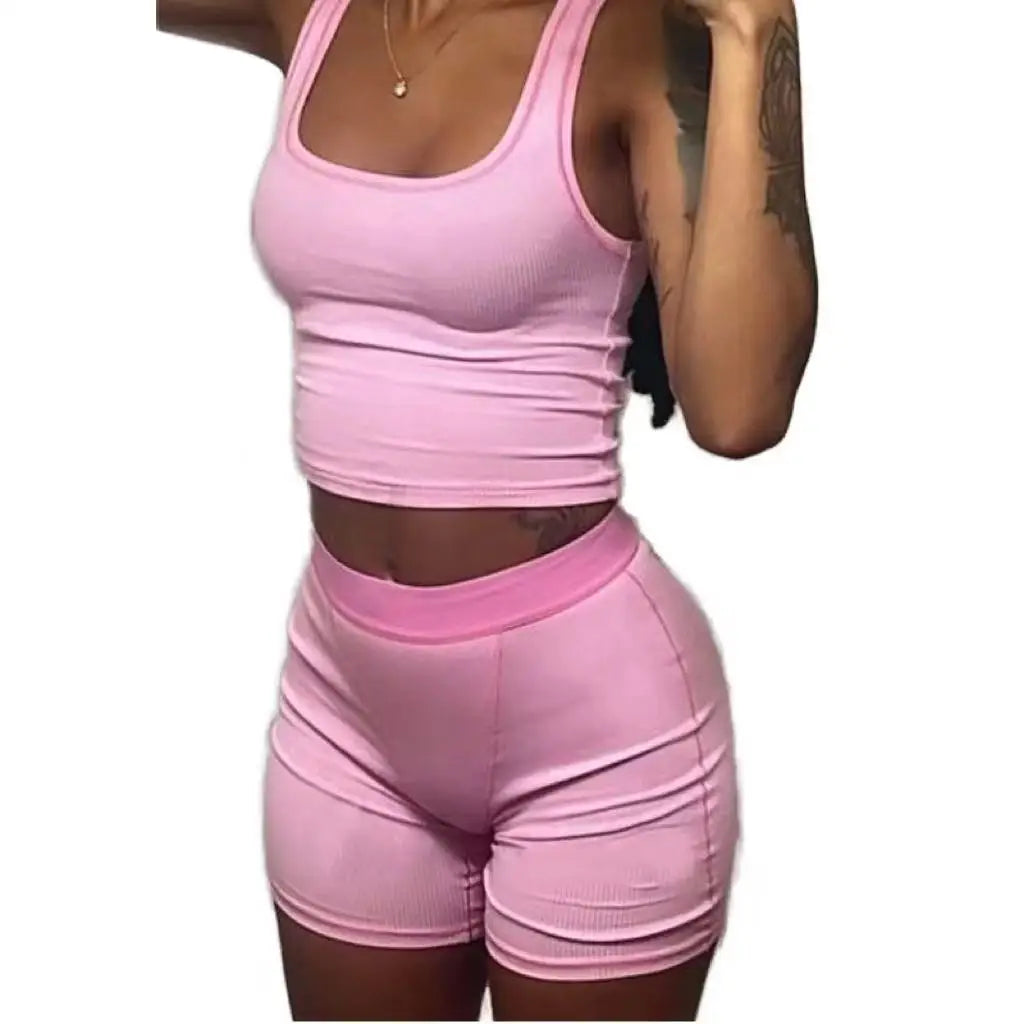 Women's Set Summer Polyester Ribbed Knit Lounge Wear tank Top Shorts Two Pieces Set Loungewear Women Clothing Ropa De Mujer