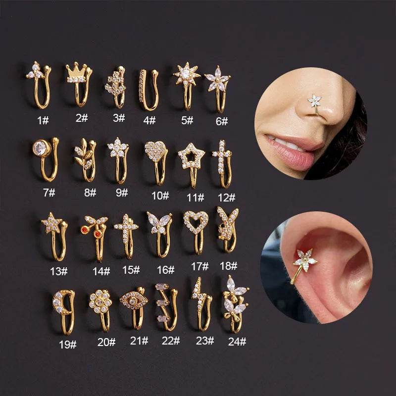Dropshipping Fashion Clip Nose Piercings Rings Trend butterfly and Cross Crystal Gold Plated U Nose Rings for Women Men Jewelry