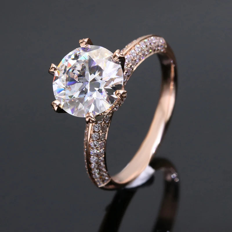 Luxury Design Eternity 18k Rose Gold Engagement Ring Round Brillant Cut Gold 3carats Moissanite Diamond Ring for Women Wedding