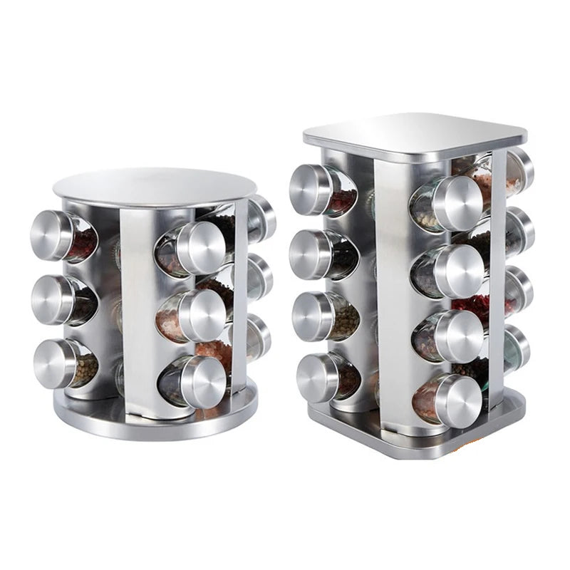 Rotating Seasoning Organizer Stainless Steel Spice Carousel for Kitchen Countertop Cabinet Revolving Spice Rack with Jars