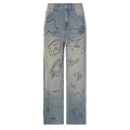 Custom Men's High Rise Wide Leg Jeans Light Wash Allover Hand-Drawn Graphic Print Contrast Doodle Pattern Urban Artistic Style