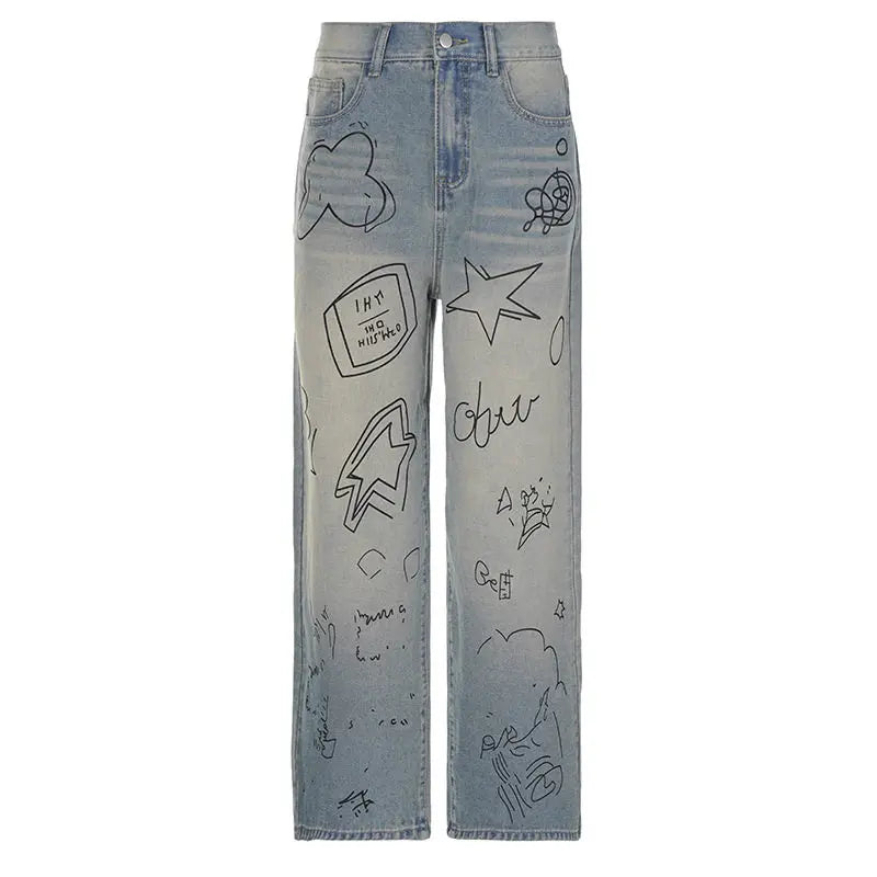Custom Men's High Rise Wide Leg Jeans Light Wash Allover Hand-Drawn Graphic Print Contrast Doodle Pattern Urban Artistic Style