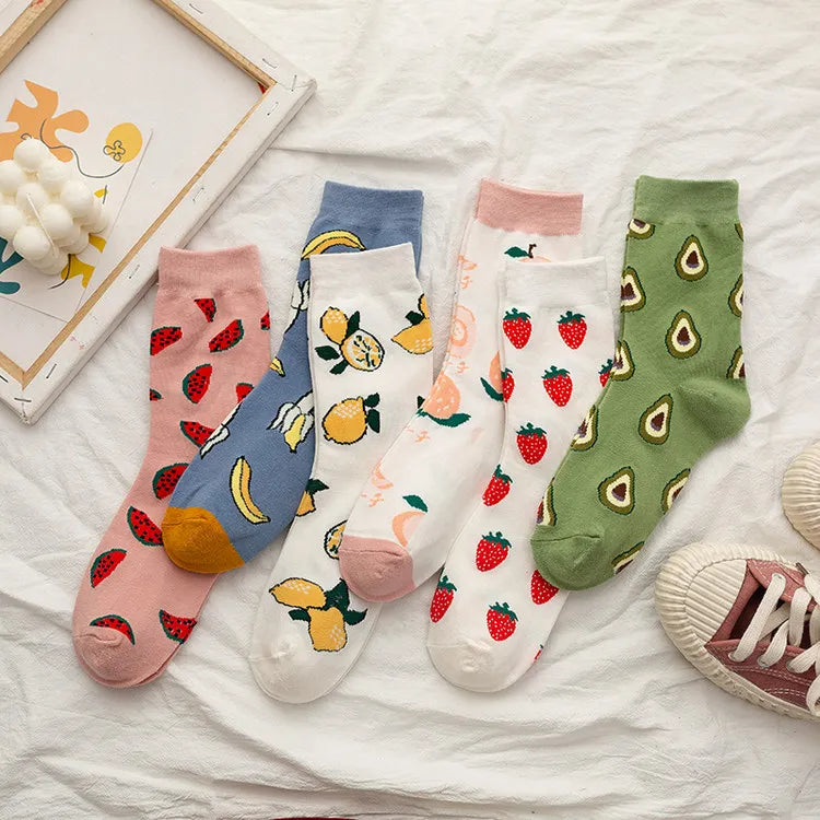 2021 Women Cotton Crew Socks Fruit Socks Lemon Avocado Peach Cute Funny Socks for Girls