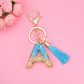 Fashion Blue Tassel Keychain for Women A-Z Initial Resin Key Jewelry Cute Handbag Pendant Woven Technique Featuring Cat Plastic
