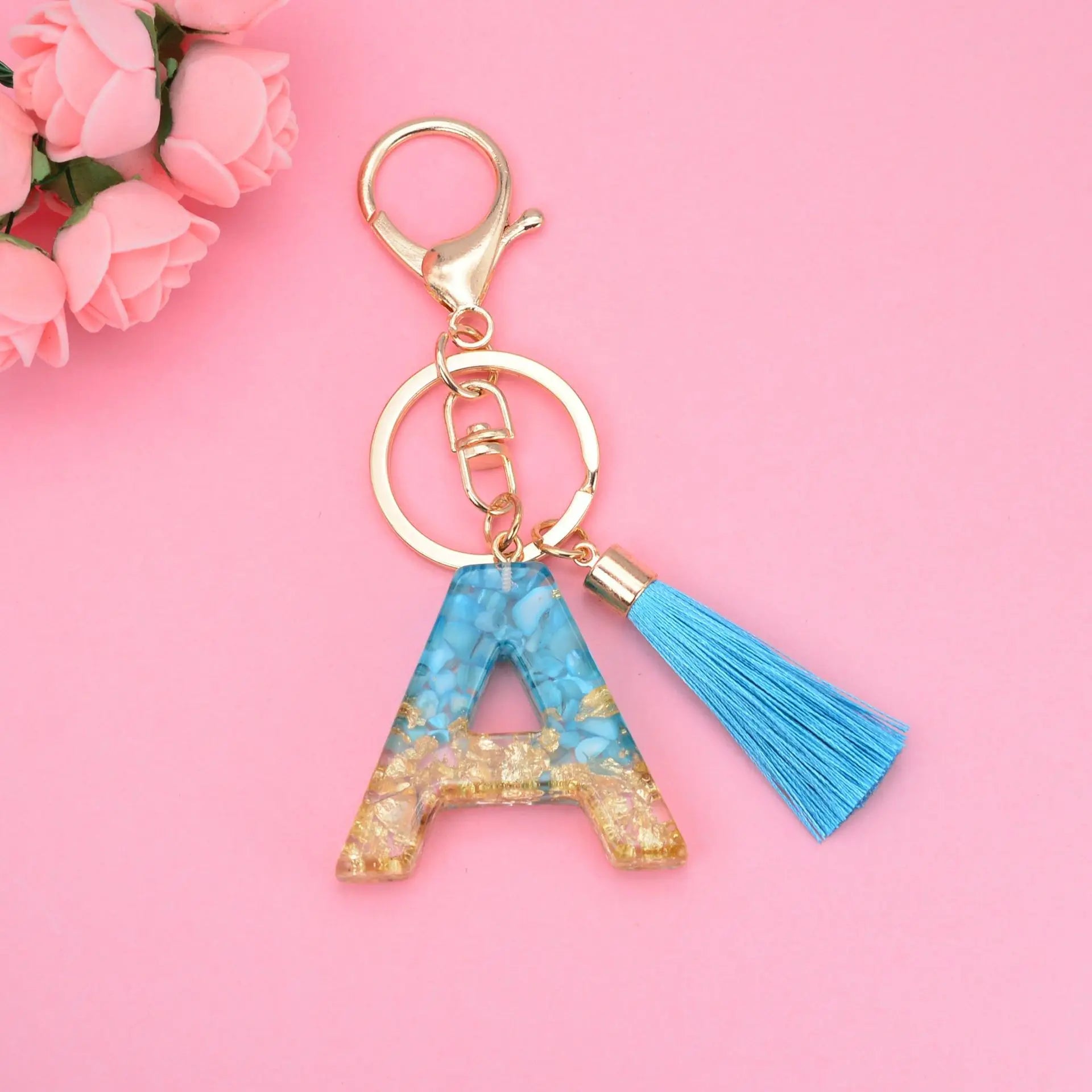 Fashion Blue Tassel Keychain for Women A-Z Initial Resin Key Jewelry Cute Handbag Pendant Woven Technique Featuring Cat Plastic