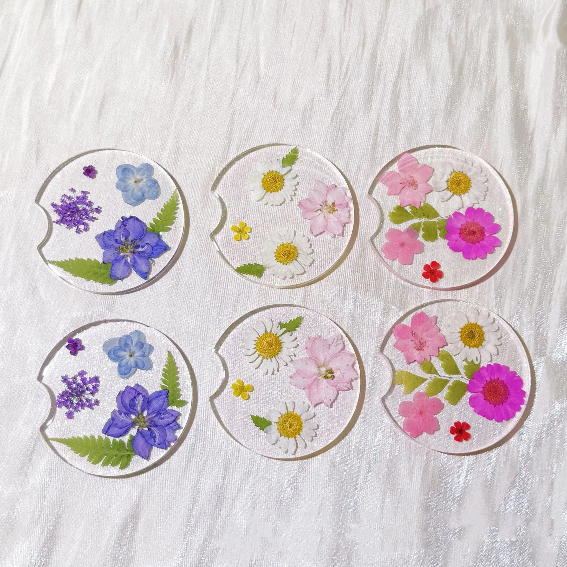 Handmade Pressed Dried Flower Resin Car Coaster Glitter Real Floral Cup Holder Craftwork Home Decor Gift