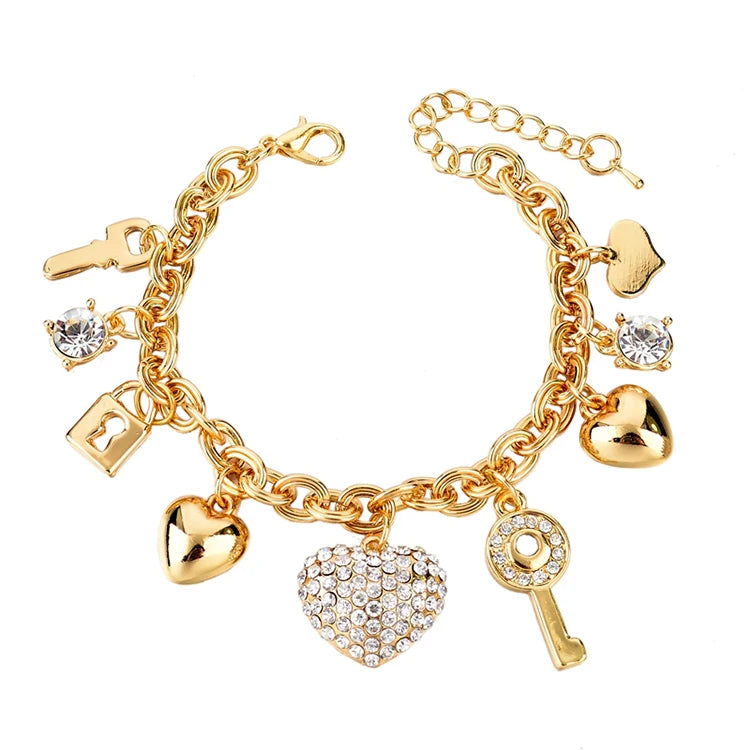 Women Fashion Gioielli Brazaletes Para Mujer Jewelry Schmuck Luxury Key Pendant Heart Shaped Charm Gold Plated Bracelet Bangle