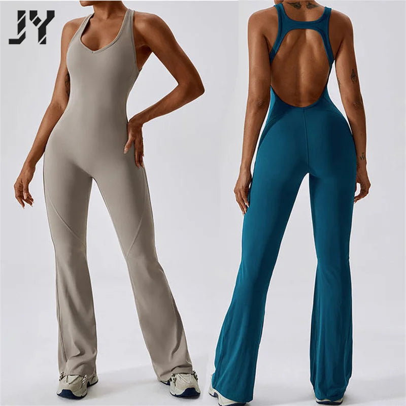 Joyyoung Fitness Romper Women Yoga Jumpsuit One Piece Hollow Out Backless Flare Workout Jumpsuit
