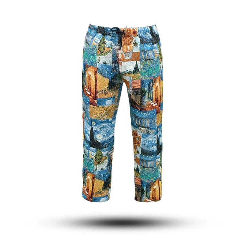 Van Gogh Series Customizable Men's Mid Waist Midweight Woven Tapestries Pants with Drawstring Closure Casual