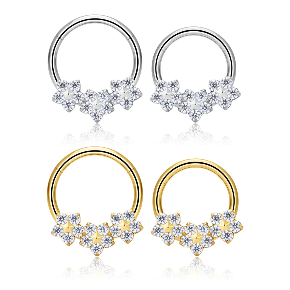 Wholesale G23 ASTM F136 Titanium 16G Three Flowers Shape Inlay Segment Clicker Septum Nose Ring Earring Helix Piercing Jewelry