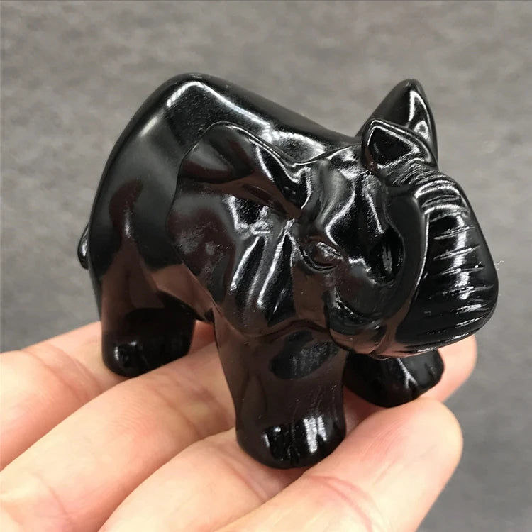 HZ Wholesale Natural Mixed Stone Animals Black Obsidian Carving Gemstone Elephant Crystal Elephants Carving Decoration
