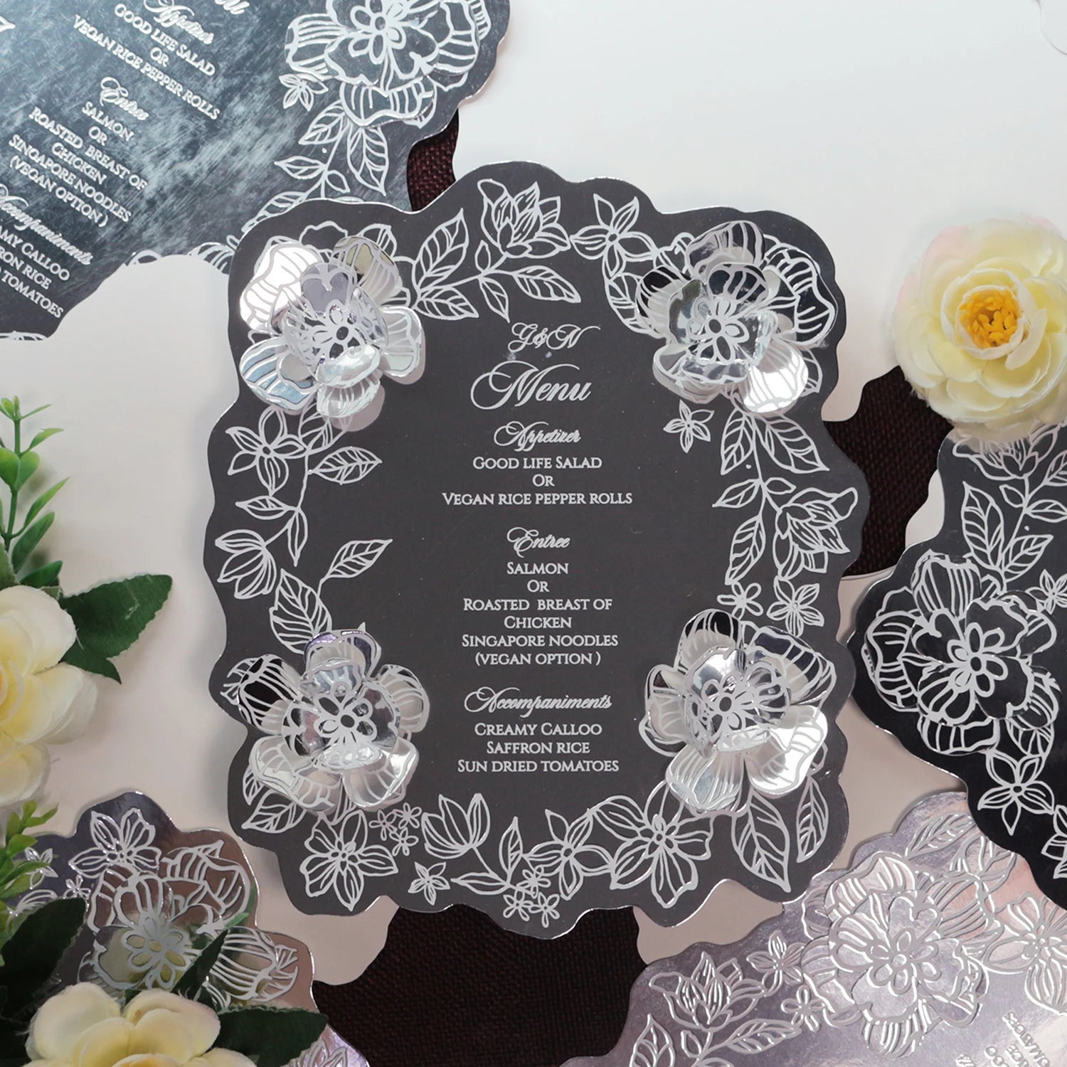 Unique Design Silver Paper Card Three-dimensional Flowers Menu Cards for Wedding Event