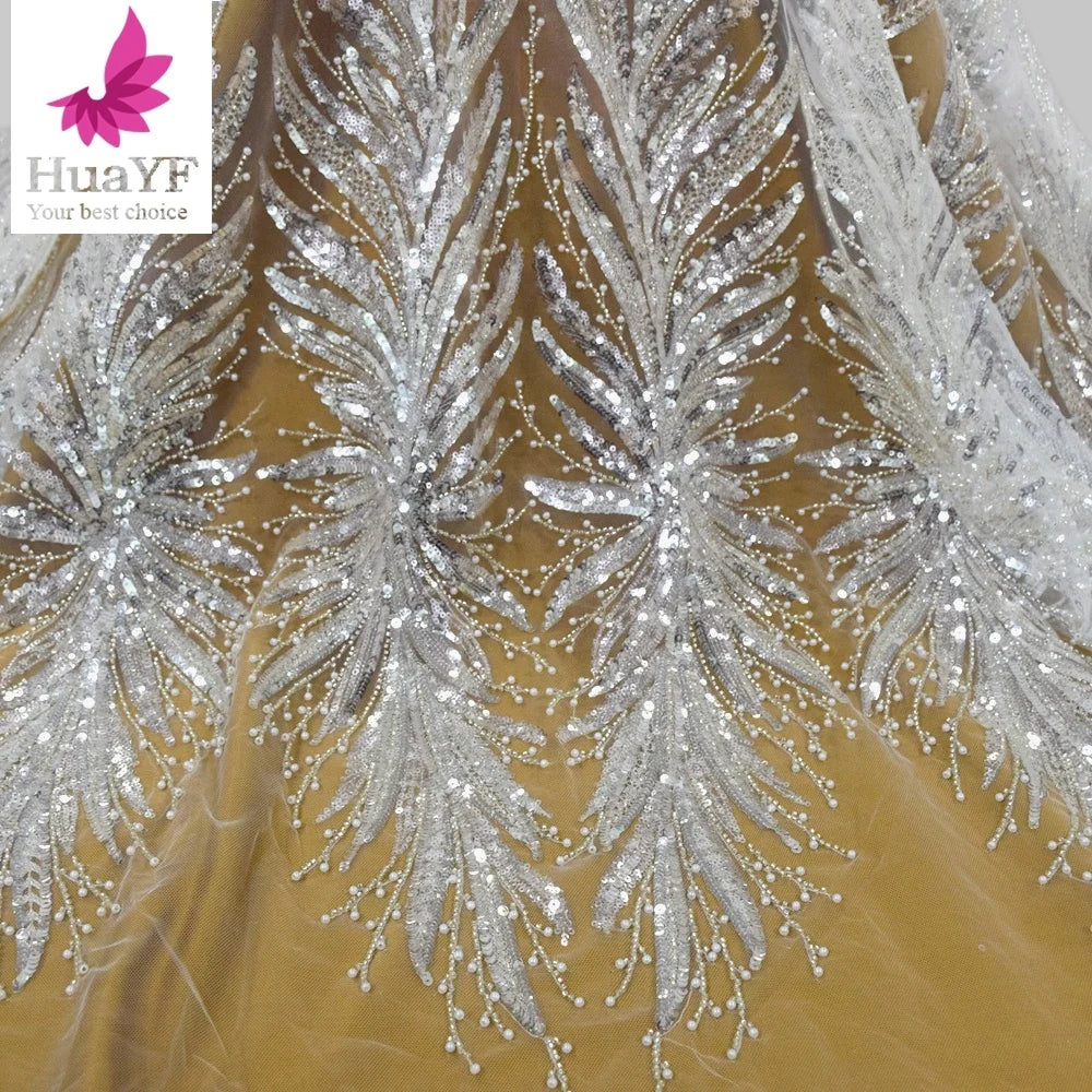 Fashion White Bridal Beads Lace Embroidery Net Fabrics With Shiny Sequins for Wedding Dress HY1712-3