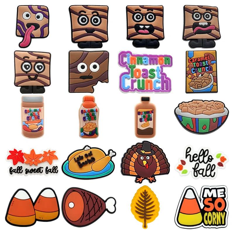 Customized Wholesale Autumn 2D Diy Clog Sandal Accessories Turkey Shoes Decorations Cinnamon Toast Crunch Shoe Charms