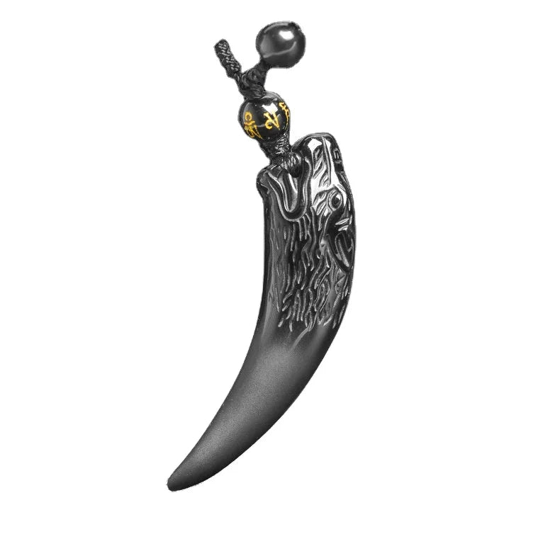Qiuhan Natural Stone Ice Obsidian Black Obsidian Crystal Wolf Tooth Pendant Necklace