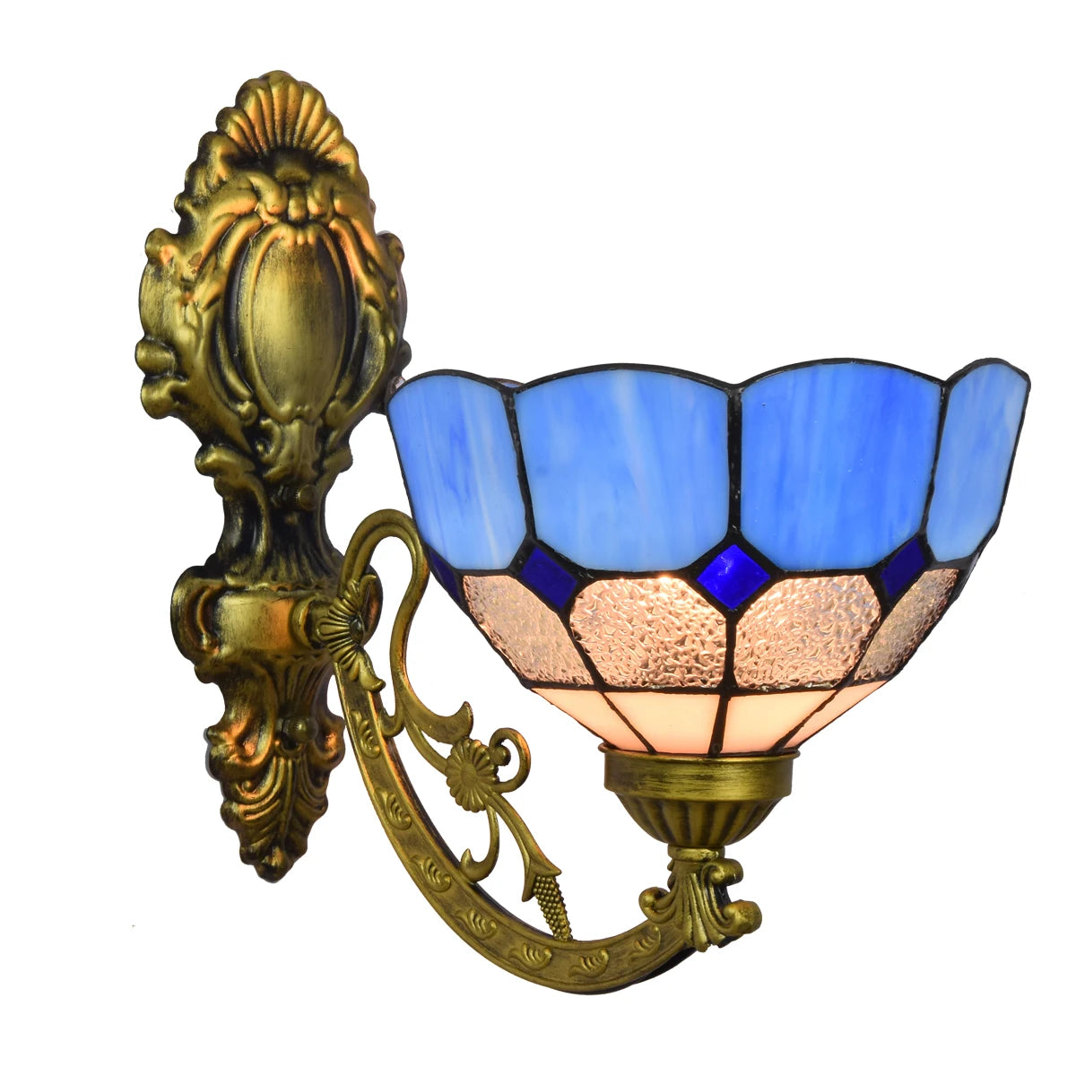 Tiffany Bedside Wall Sconce Industrial Vintage Iron Wall Lamp Creative Blue Stained Glass Shade Indoor Bedside Wall Lamp