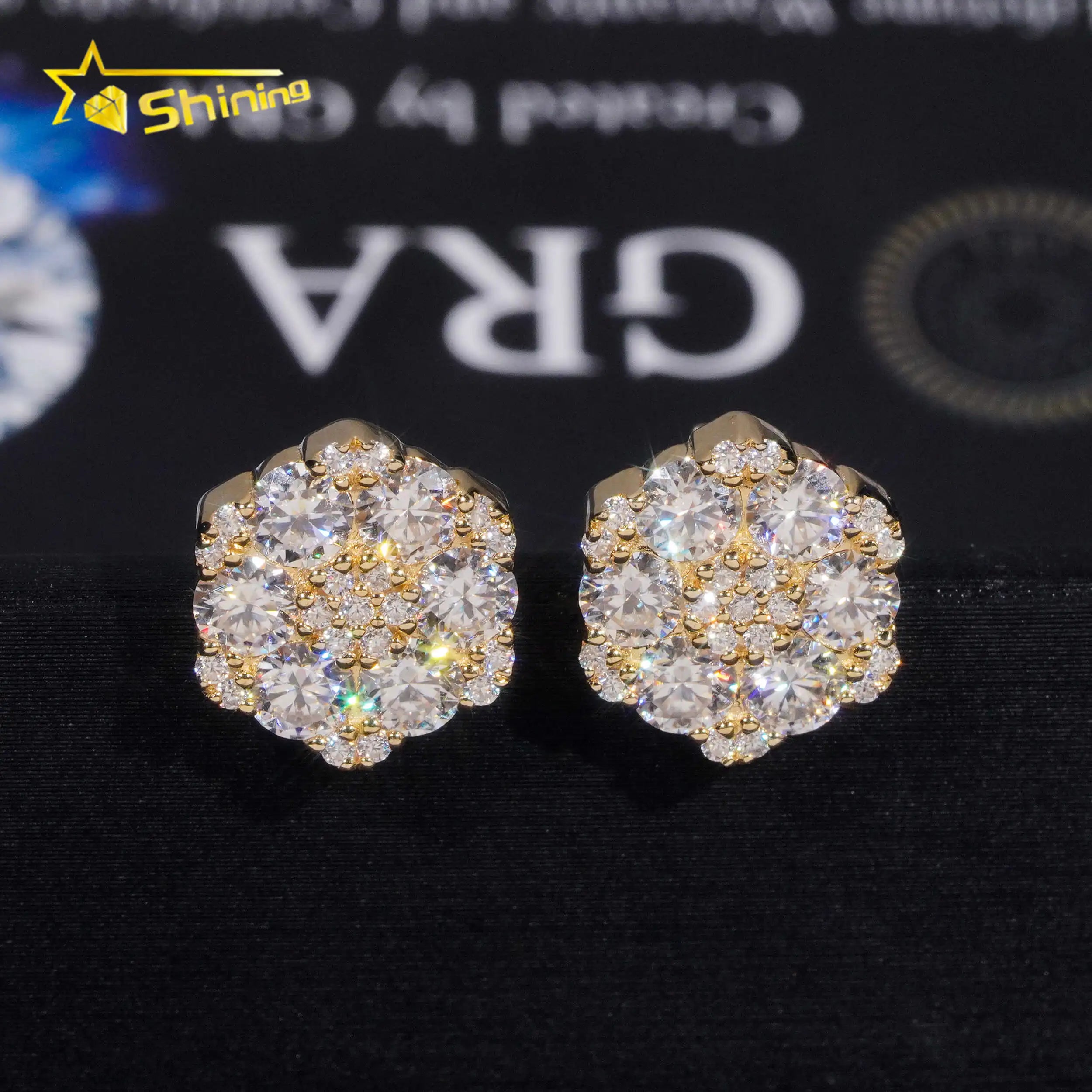 Fine Jewelry Flower Design Screw Back Ear Studs Iced Out 925 Sterling Silver Gold Plated Moissanite Stud Earrings Ready to Ship