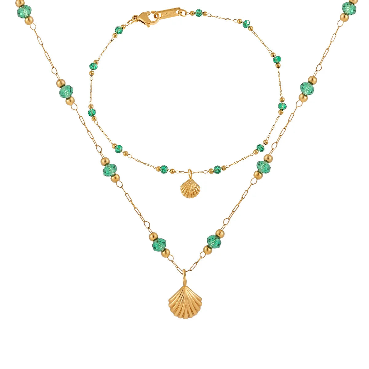Wholesale MJ Brand Fashion 18K Gold Plated Stainless Steel Handmade Emerald Green Bead Link Chain Certified Small Sea Necklace