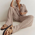 Enyami Summer Retro Casual Matching Suit Plaid Pattern Short Sleeves Blouses Shirts Wide Leg Pants Co Ord Set Women Coord Sets